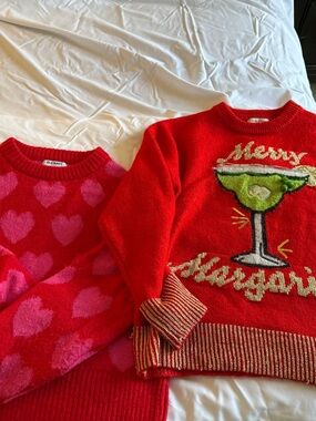 Old Navy Pink Heart Sweater & Red Merry Margarita Holiday Sweater - Trio